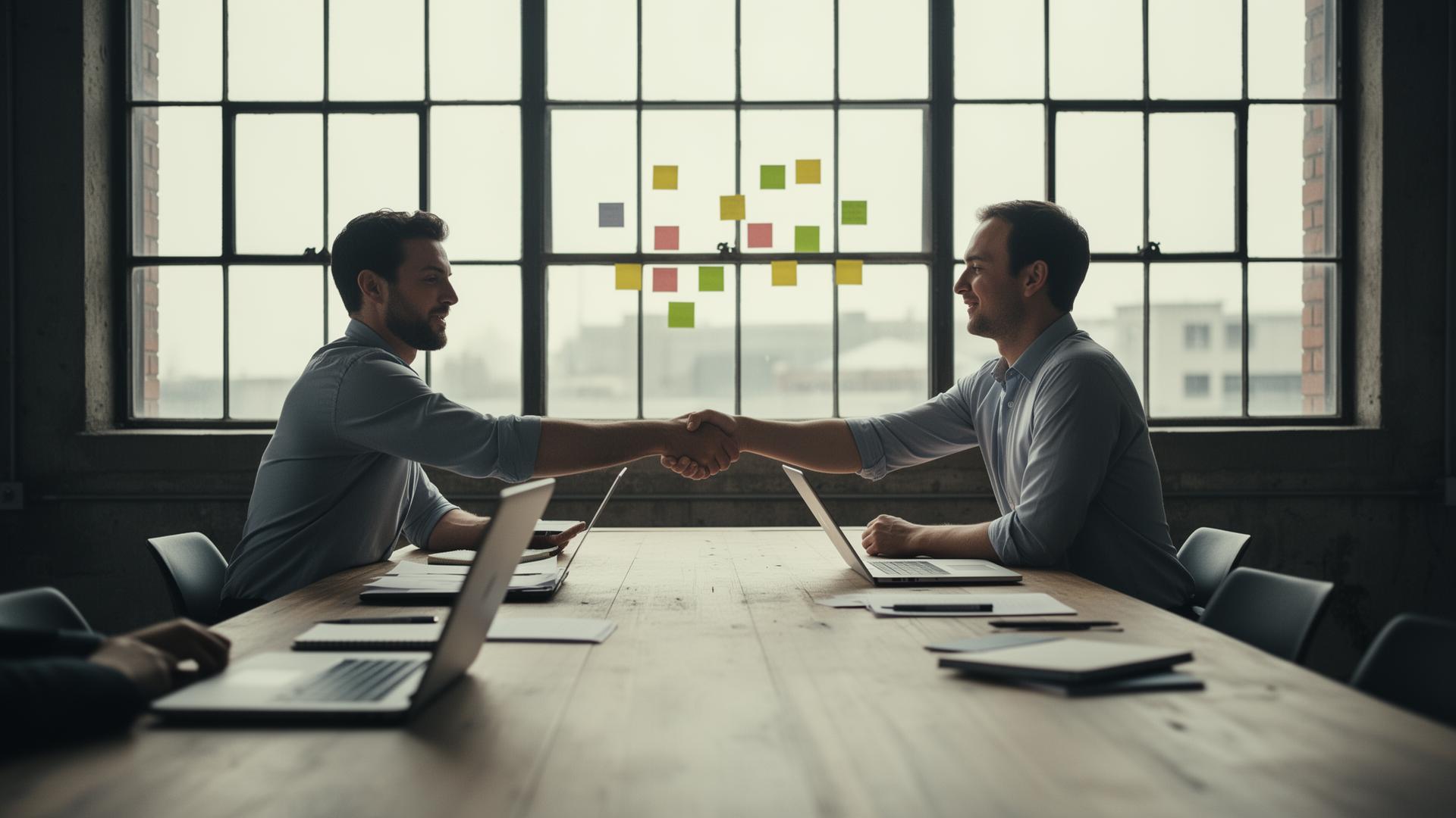 Business handshake across a meeting room table