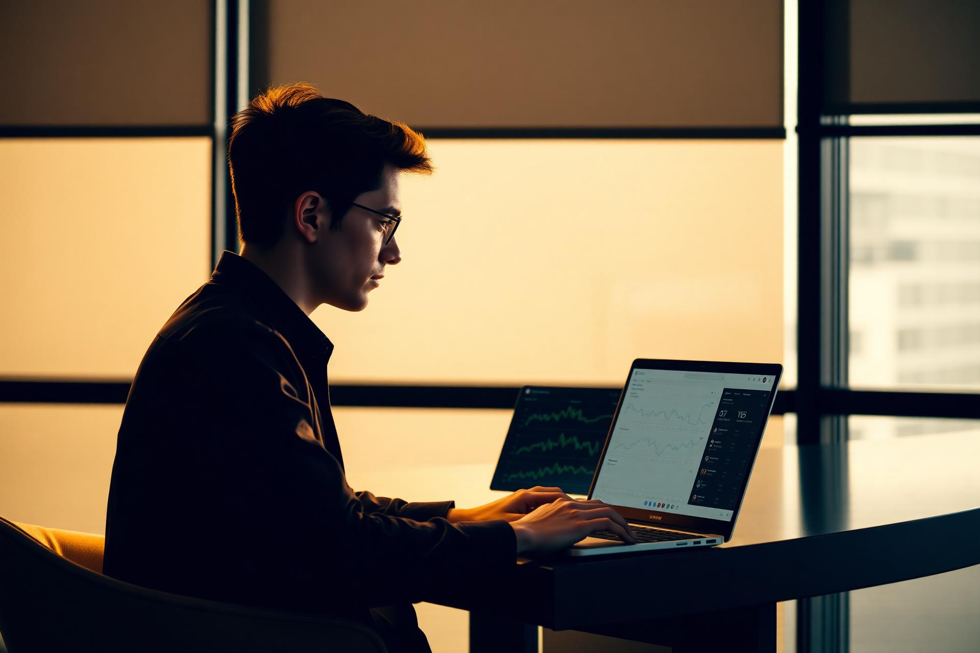 Learner studying data dashboards in warm window light