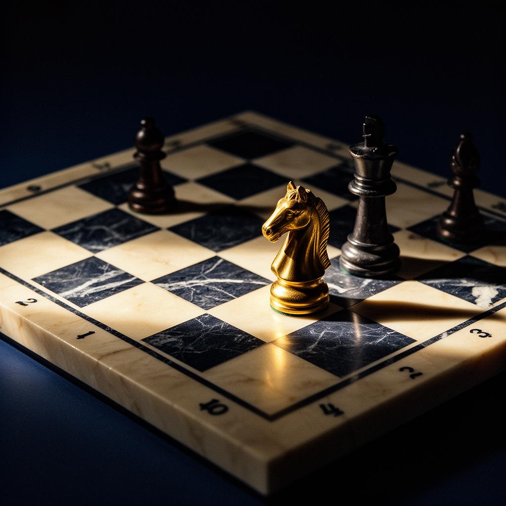 Marble chess board mid-endgame with a gold knight catching warm light against deep navy